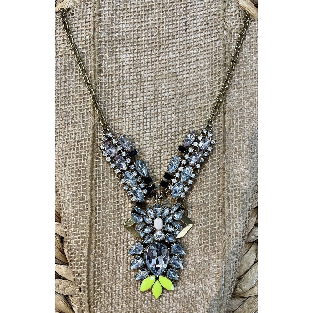 Large Rhinestone Statement Necklace Bib Y Y2K Gold Tone Chunky J.Crew Style